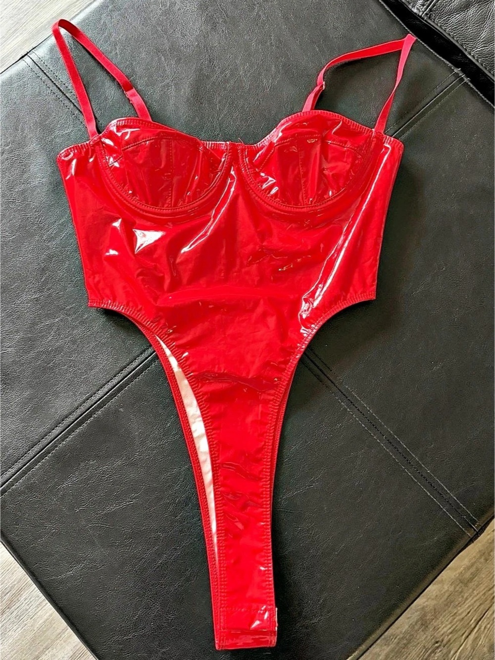 Vinyl Thong Bodysuit Red Patent Size Small